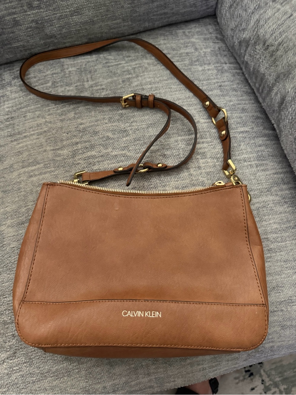 Calvin Klein Tan Leather Shoulder Bag with Gold Hardware